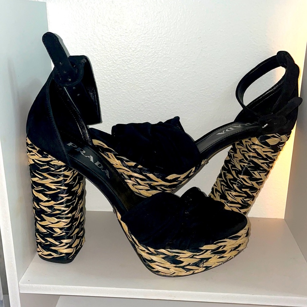 Prada size 38 US size 8 rattan platform heels